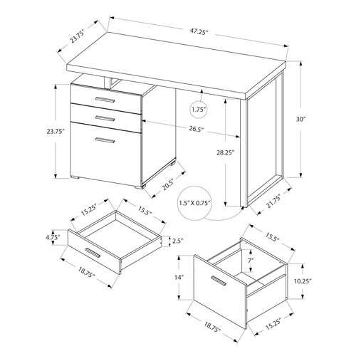 Bureau d'ordinateur flottant avec 3 tiroirs de 47,25 po de largeur de Monarch - Gris/Noir
