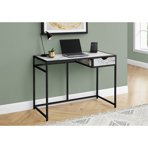 Monarch Metal-Frame 42.25"W Computer Desk with Drawer - White Marble/Black