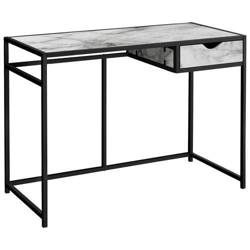 Bureau ordinateur à cadre en métal avec tiroir de 42,25 po de largeur de Monarch - Marbre blanc/Noir