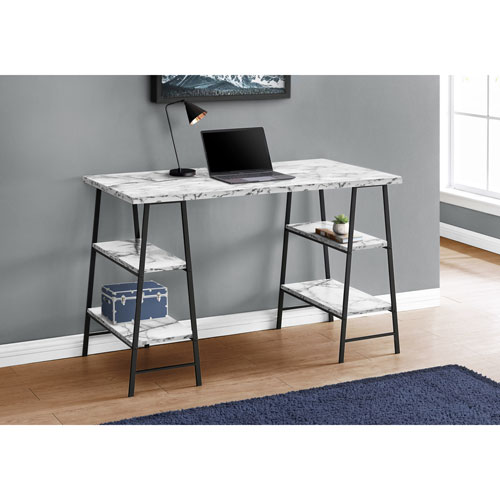 Monarch 47.25"W Computer Desk with 4 Shelves - White Marble/Black