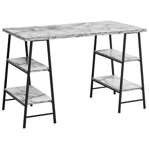 Monarch 47.25"W Computer Desk with 4 Shelves - White Marble/Black