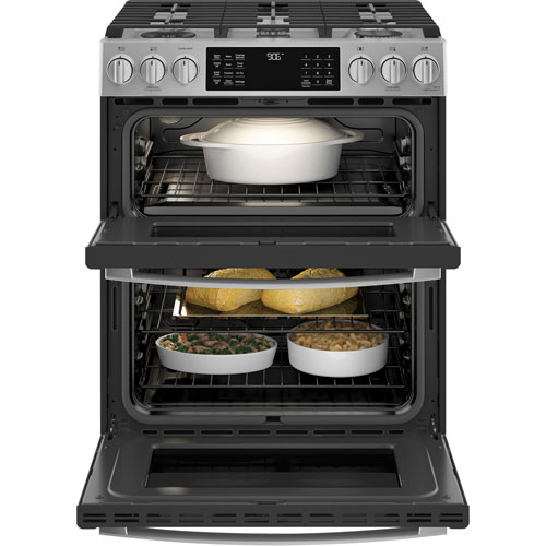 GE Profile 30" 6.7 Cu. Ft. Double Oven Slide-In Gas Air Fry Range - Stainless