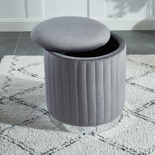 MAISON CONCEPTS INC  Charlotte Velvet Round Ottoman With Base (Gray) In Silver