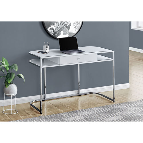 Monarch 48"W Computer Desk with Drawer & 2 Shelves - Glossy White