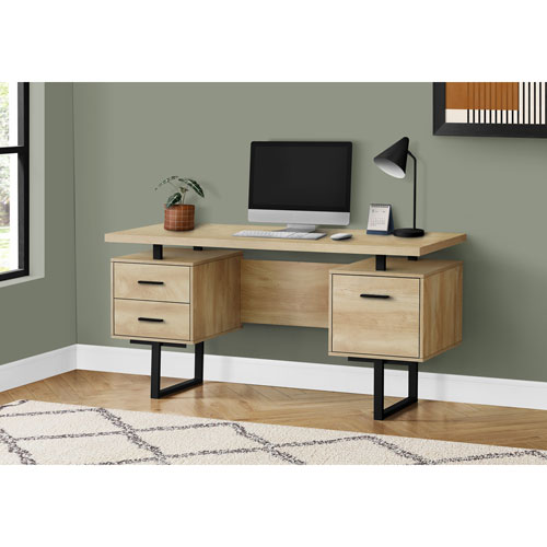 Monarch Floating 60"W Computer Desk with 3 Drawers - Natural