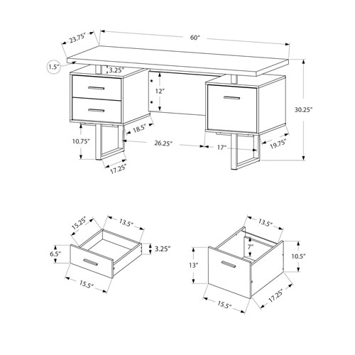 Monarch Floating 60"W Computer Desk with 3 Drawers - White/Concrete
