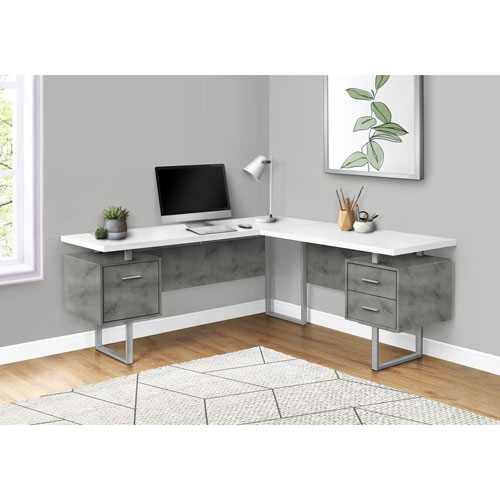 Monarch Corner 71"W Computer Desk with 3 Drawers - White/Concrete