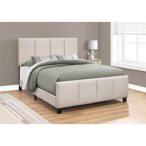 Monarch Specialties I 6026Q Bed, Queen Size, Platform, Bedroom, Frame, Upholstered, Linen Look, Wood Legs, Beige, Black, Transitional