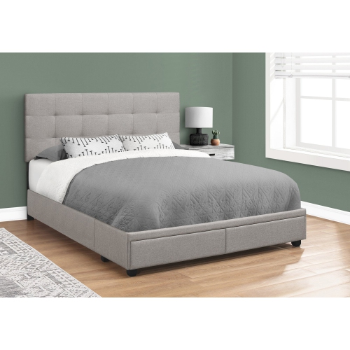 Monarch Specialties I 6020Q Bed, Queen Size, Platform, Bedroom, Frame, Upholstered, Linen Look, Wood Legs, Grey, Transitional