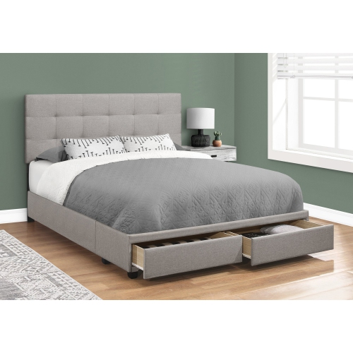 Monarch Specialties I 6020Q Bed, Queen Size, Platform, Bedroom, Frame, Upholstered, Linen Look, Wood Legs, Grey, Transitional