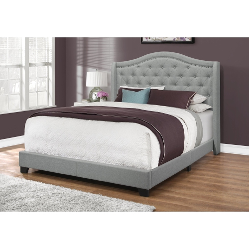 Monarch Specialties I 5966Q Bed - Queen Size / Grey Linen With Chrome Trim