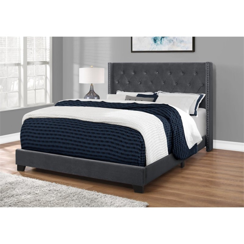 Monarch Specialties I 5986Q Bed - Queen Size / Dark Grey Velvet With Chrome Trim