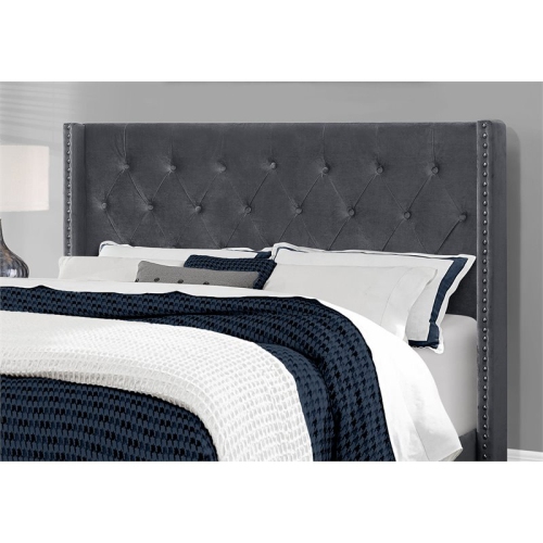 Monarch Specialties I 5986Q Bed - Queen Size / Dark Grey Velvet With Chrome Trim