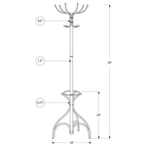 Monarch Specialties I 2032 Coat Rack - 70" High / Silver Metal With An Umbrella Holder