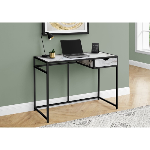 Monarch Specialties I 7571 Computer Desk - 42" Long / White Marble-look / Black Metal