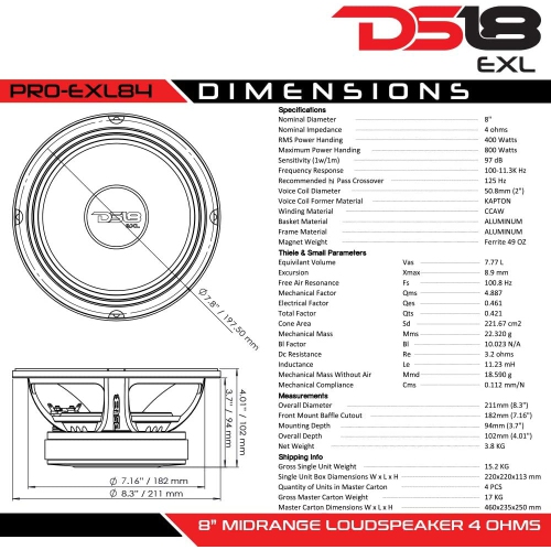 DS18 PRO-EXL84 8" Midrange Speaker 4-ohm, 800 Watt - Sold Individually