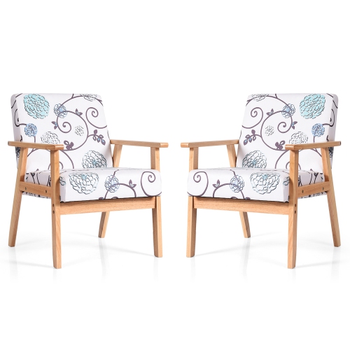 Gymax 2PCS Accent Armchair Upholstered Chair Home Office w/ Wooden Frame White/Blue/Yellow
