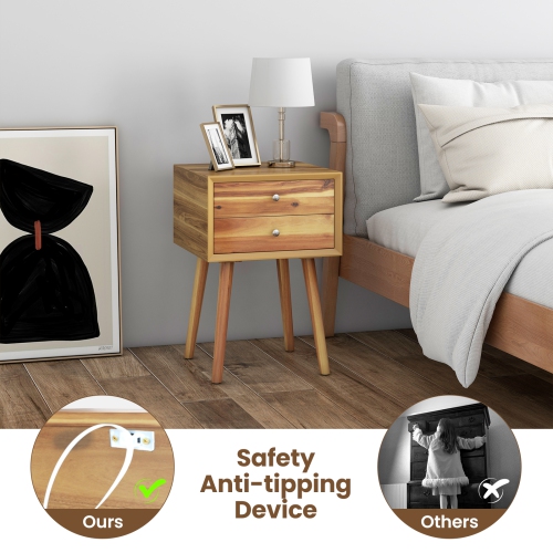 Table de chevet en bois de Costway; Table d'appoint de milieu de siècle; Chambre avec 2 tiroirs de rangement; naturel