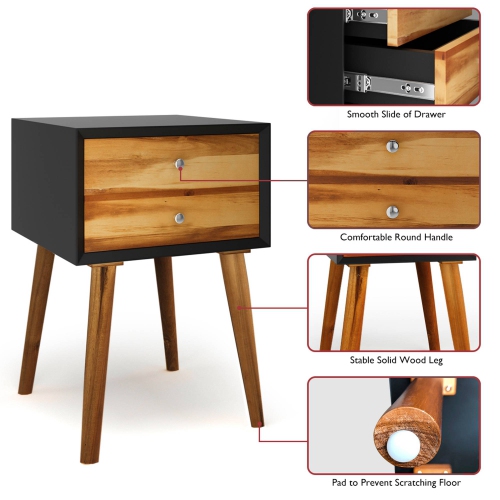 Costway End Table Nightstand W/Drawers and Storage Wooden Mid-Century Accent Side Table Multipurpose