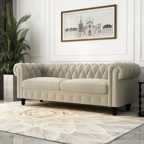 Velvet Chesterfield 80.00'' Rolled Arm Sofa - BEIGE