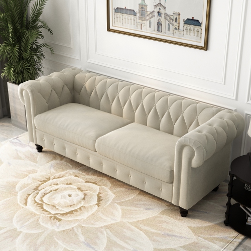 Velvet Chesterfield 80.00'' Rolled Arm Sofa - BEIGE