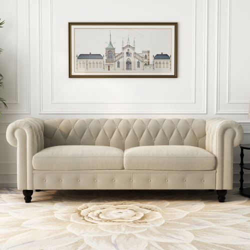 Velvet Chesterfield 80.00'' Rolled Arm Sofa - BEIGE