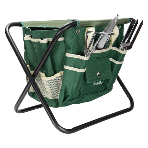 7 Piece Garden Tool Set - 5 Sturdy Stainless Steel Tools, Heavy Duty Folding Stool, Detachable Canvas Tool Bag