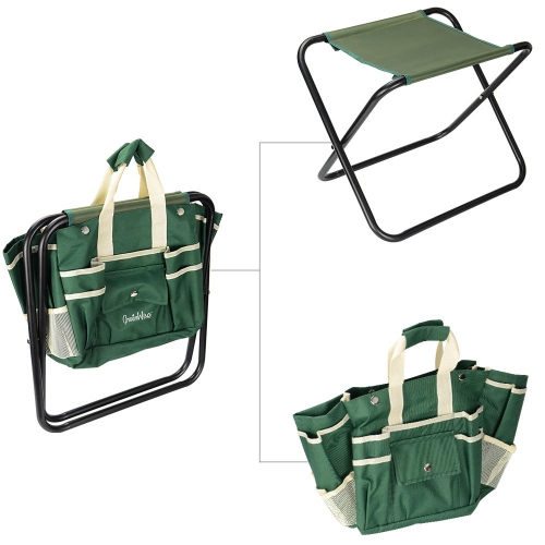 7 Piece Garden Tool Set - 5 Sturdy Stainless Steel Tools, Heavy Duty Folding Stool, Detachable Canvas Tool Bag