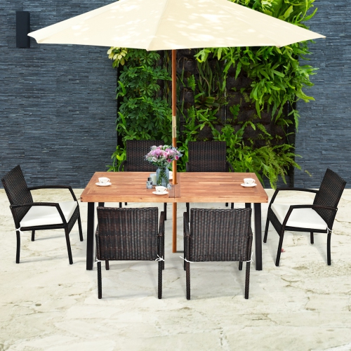 Gymax 7PCS Patio Rattan Dining Set Wooden Table Top Cushioned Chair Garden