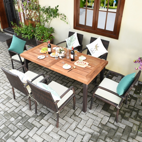 Gymax 7PCS Patio Rattan Dining Set Wooden Table Top Cushioned Chair Garden
