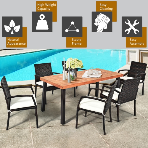 Gymax 7PCS Patio Rattan Dining Set Wooden Table Top Cushioned Chair Garden