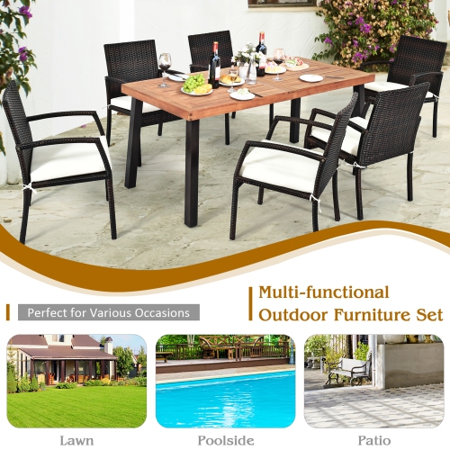 Gymax 7PCS Patio Rattan Dining Set Wooden Table Top Cushioned Chair Garden