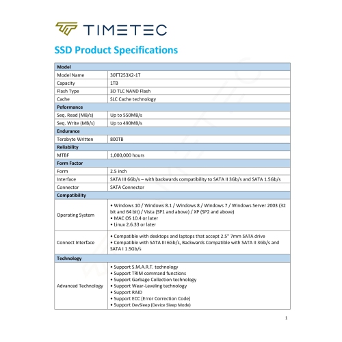 Timetec 1TB SSD 3D NAND SATA III 6Gb/s 2.5 Inch 7mm 800TBW Read Speed