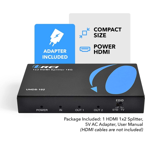 4K 1 x 2 HDMI Splitter by OREI, UltraHD 1 in 2 Out 2 Port 4K@60hz 4:4:4 8-bit - HDMI 2.0, HDCP 2.2, 18 Gbps - Supports 3D - Duplicate/Mirror Screens
