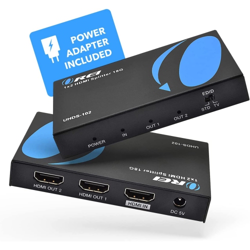 4K 1 x 2 HDMI Splitter by OREI, UltraHD 1 in 2 Out 2 Port 4K@60hz 4:4:4 8-bit - HDMI 2.0, HDCP 2.2, 18 Gbps - Supports 3D - Duplicate/Mirror Screens