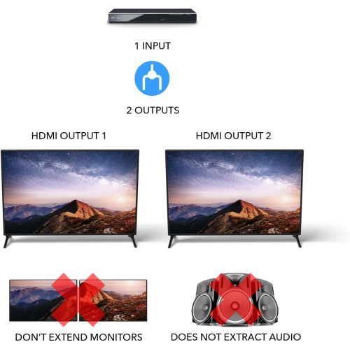 4K 1 x 2 HDMI Splitter by OREI, UltraHD 1 in 2 Out 2 Port 4K@60hz 4:4:4 8-bit - HDMI 2.0, HDCP 2.2, 18 Gbps - Supports 3D - Duplicate/Mirror Screens