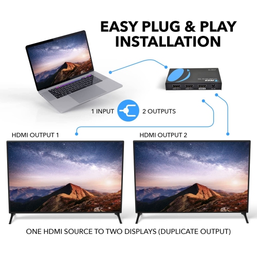 4K 1 x 2 HDMI Splitter by OREI, UltraHD 1 in 2 Out 2 Port 4K@60hz 4:4:4 8-bit - HDMI 2.0, HDCP 2.2, 18 Gbps - Supports 3D - Duplicate/Mirror Screens