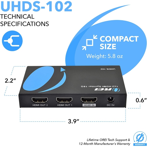 4K 1 x 2 HDMI Splitter by OREI, UltraHD 1 in 2 Out 2 Port 4K@60hz 4:4:4 8-bit - HDMI 2.0, HDCP 2.2, 18 Gbps - Supports 3D - Duplicate/Mirror Screens