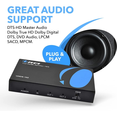 4K 1 x 2 HDMI Splitter by OREI, UltraHD 1 in 2 Out 2 Port 4K@60hz 4:4:4 8-bit - HDMI 2.0, HDCP 2.2, 18 Gbps - Supports 3D - Duplicate/Mirror Screens