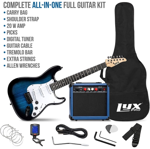 LyxPro 39 inch Electric Guitar Kit Bundle with 20w Amplifier, All Accessories, Digital Clip On Tuner, Six Strings, Two Picks, Tremolo Bar, Shoulder