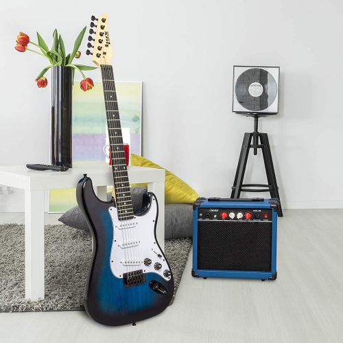 LyxPro 39 inch Electric Guitar Kit Bundle with 20w Amplifier, All Accessories, Digital Clip On Tuner, Six Strings, Two Picks, Tremolo Bar, Shoulder