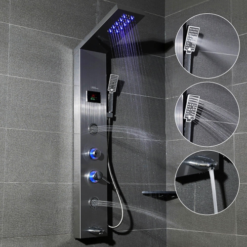 LED Light Rainfall Shower Head Waterfall Shower Panel 5-Function Faucet Shower Tower System with Temperature Display, Stainless Steel