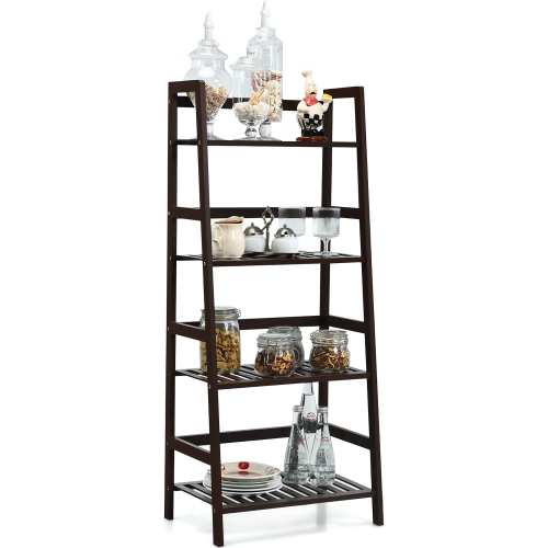Costway 4-Tier Bamboo Ladder Shelf Plant Display Stand Rack Bookshelf Dark Brown