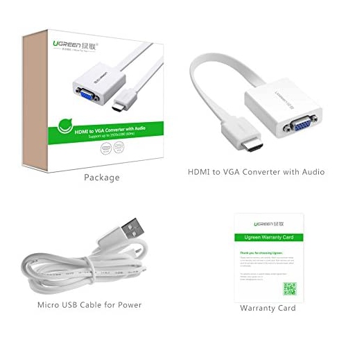 UGREEN HDMI to VGA Adapter with Audio Converter and Micro-USB Cable, White