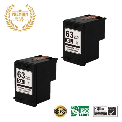 Ultra Toner® 2 PK HP 63XL/HP63/63/hp63/hp-63 Black Remanufactured Inkjet Cartridge-Officejet 3833 3830 5255 4650 4655 4652