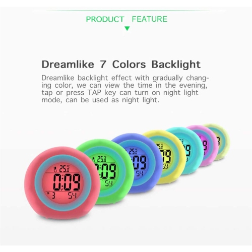 Green Alarm Clock for Kids , 7 Color Changing Night Light, Snooze Touch Control Temperature