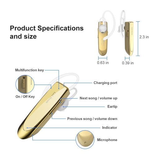 Écouteurs boutons sans fil à une oreille 24 h Écouteurs boutons dorés