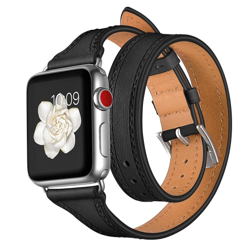 SAMA Slim Fit Double Tour Stitching Genuine Leather Band 38/40mm for Apple Watch Series 4 3 2 1 Black