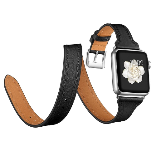 SAMA Slim Fit Double Tour Stitching Genuine Leather Band 38/40mm for Apple Watch Series 4 3 2 1 Black