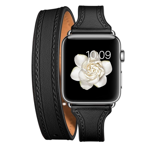 SAMA Slim Fit Double Tour Stitching Genuine Leather Band 38/40mm for Apple Watch Series 4 3 2 1 Black